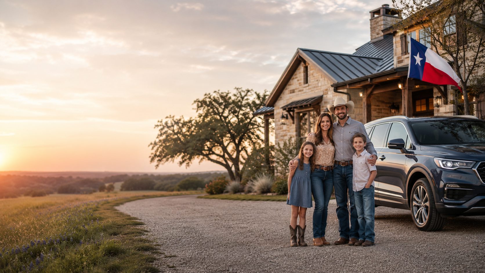 A Texas Hill Country family standing in front of their home and SUV at sunset